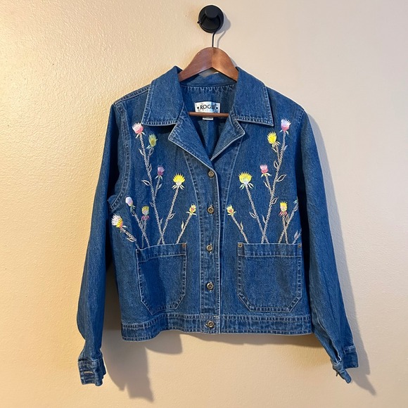 Jackets & Blazers - Vintage Demin Embroidered Floral Thistle Jacket Roger 100% Cotton